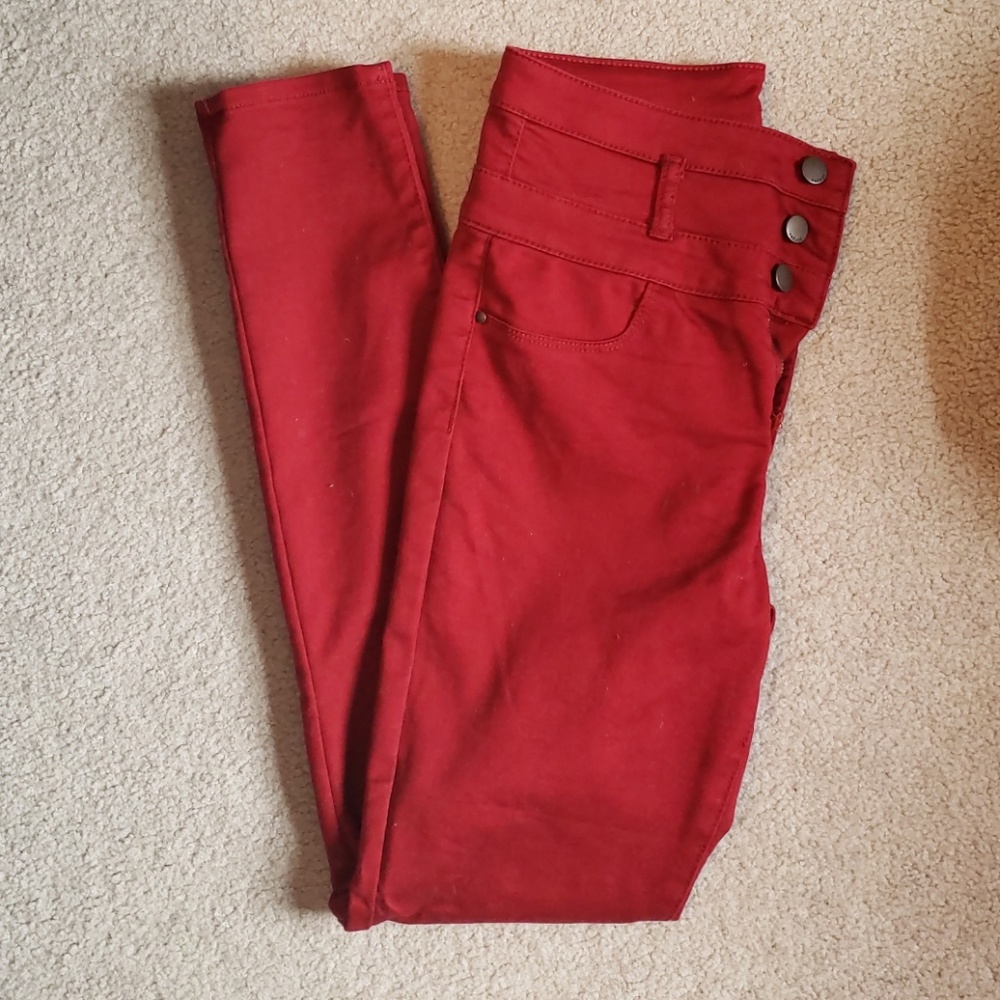 Maroon high-waisted skinny jeans